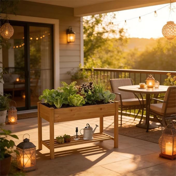 Wooden Raised Garden Bed, Planter Box with Legs, Garden Planter with Divider Bag for Backyard, Patio, Balcony, Planter Stand Box for Herbs and Vegetables (Brown-M)