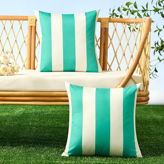 Allorry Outdoor Pillow Covers 20x20 Set of 2 Light Blue Striped Decoration Throw Pillow Covers for Spring Summer Outdoor Waterproof Garden Patio Furniture Sofa Bed Home Decor JB007-C20