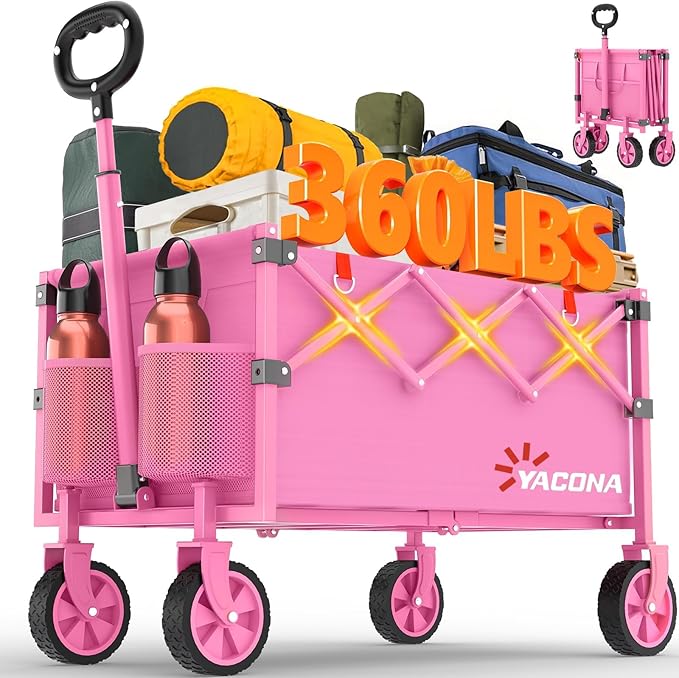 Yozoia Wagons Carts Foldable, Lightweight Portable Utility Shopping Cart with Wheels, Folding Grocery Wagon Cart for Grocery, Camping, Shopping, Beach, Garden, Sports Pink