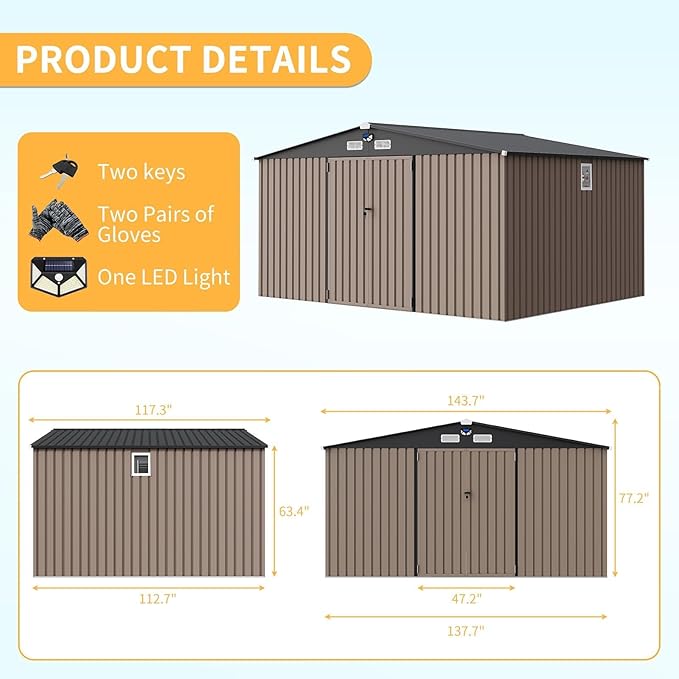 10x12FT Metal Storage Shed with Sloped Roof, Lockable Doors, Solar Light, Windows, and Vents, Outdoor Storage Sheds for Garden, Backyard, Patio Tools and Equipment