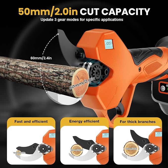 Electric Pruning Shears, Electric Loppers for Gardening, 2" Max Cutting Diameter, Cordless Pruner with 3 Modes,Portable Waist Bag, SK7 Blade, 2 * 2000mAh, LED Display for Branch, Tree&Flower Cutting