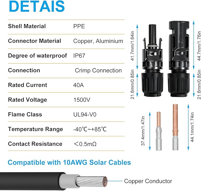 8AWG Solar Copper Aluminum Transition Connectors, IP67 Waterproof 1500V 40A, Male and Female Plug for Solar Cable (CU-AL, 5pairs)
