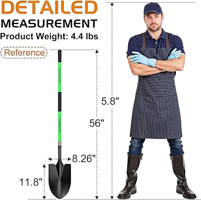 HIGHLIGHT 56-Inch Heavy Duty Round Point Garden Shovel with Non-Slip Fiberglass Handle and Sharp Blade for Deep Digging, Trenching, Landscaping, Snow, Camping and Yard Work - Green