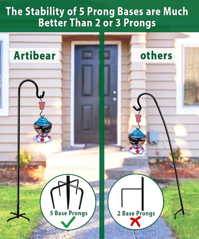 Adjustable Outdoor Shepherd Hook Stand with 5 Prong Base, 92 Inches Tall 3/5 in Thick, Shiny Black (2 Packs)