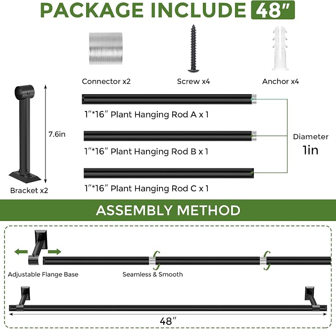 Window Plant Hanger for Indoor Plants, 48 Inch Hanging Plant Rod, 1 Inch Diameter Metal Rod, Hanging Plant Holder for Window Wall, Matte Black, Square Flange Base, Pots Not Included