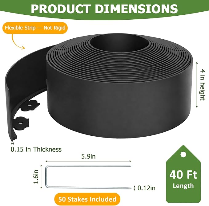 40ft Garden Edging, 4 Inches Tall Landscape Edging for Flower Beds & Garden Borders, Flexible Plastic Border with 50 Metal Stakes for Yard Edging Projects