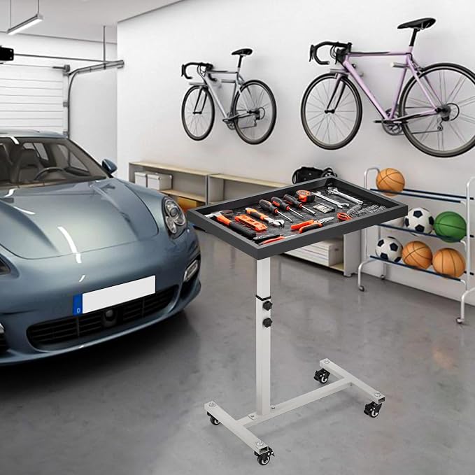 OLBRUS Adjustable Work Table with Wheels, Mechanic Rolling Tool Tray Table for Garage Repair Shops DIY, 220LBS Capacity Mobile Heavy Duty Steel Tool Cart (Gray)