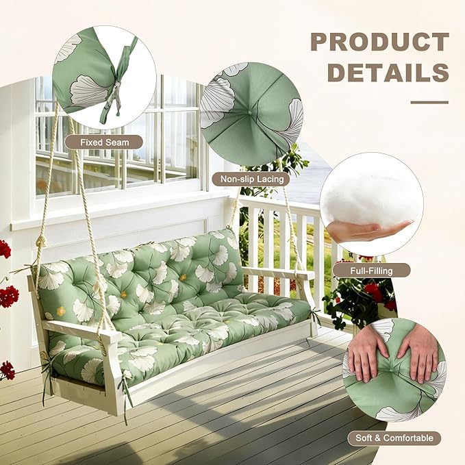 Porch Swing Cushion with Backrest,Waterproof Bench Cushion for Outdoor Furniture,2-3 Seater Replacement Thickened Swing Cushion with Ties,Patio,Outdoor,Backyard and Garden (Ginkgo Breeze,47x40")