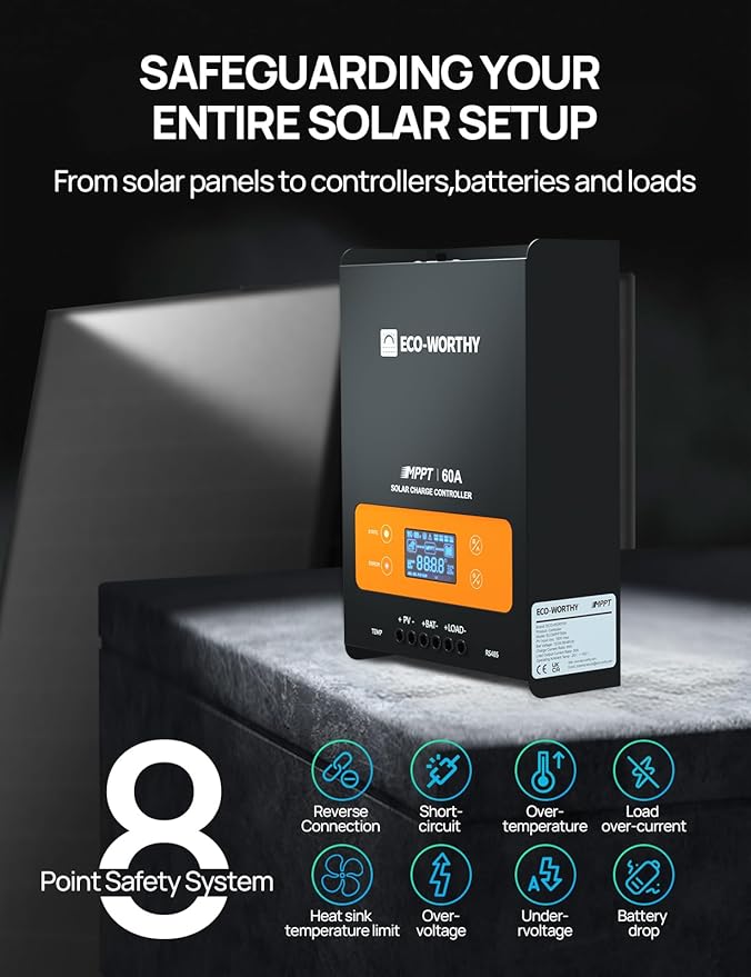 ECO-WORTHY 60A MPPT Solar Charge Controller with Bluetooth&WiFi, Max PV Input 150V,12/24/36/48V Solar Panel Regulator for Lead-Acid/Lifepo4 Battery in Solar System RV