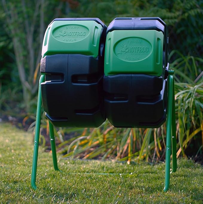 FCMP Outdoor HOTFROG 37-Gallon Dual-Chamber Tumbling Composter, Black/Green (HF-DBC4000) - UV-Inhibited, BPA-Free, Compost Bin for Garden, Easy-Turn Barrel with Aeration Vents
