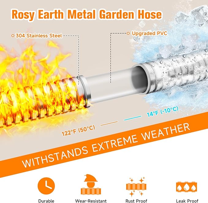 Rosy Earth Garden Hose 15 FT, 304 Stainless Steel Metal Water Hose, Heavy Duty Flexible Leader Hose, Short Water Hose Kink Free Hose for Rv, Outdoor, Yard, No Bite, Leak proof and Durable