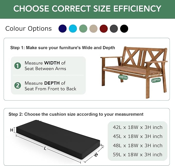 Summsun Outdoor Bench Cushion: Waterproof and Fade Resistant Patio Furniture Cushions - Non-Slip Bench Pad Cushion with Removable Cover for Garden Swing Porch Sofa Settee, 45 x 18 Inch, Black