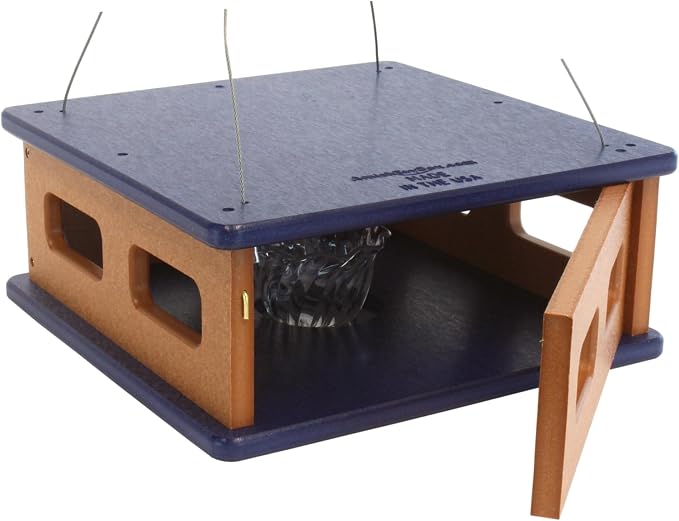 Bluebird Feeder - Hanging Block House Mealworm Feeder for Bluebirds - Amish-Made with Poly Lumber (Patriot Blue and Cedar)