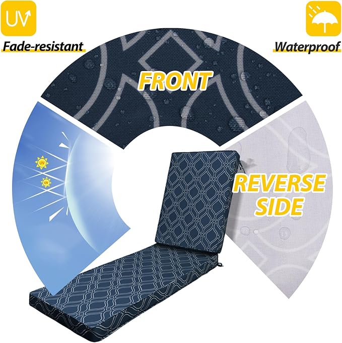 AAAAAcessories Outdoor Chaise Lounge Cushions, Fade-Resistant, Waterproof Patio Furniture Replacement Cushions, 80" x 26" x 3", Slate Blue Vine Trellis