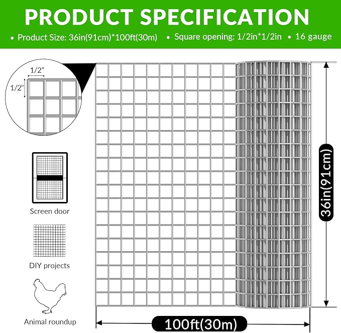 Welded Wire Fence 1/2‘’x 1/2‘’ 36in x 100 ft,Vinyl Coated Welded Wire Mesh Roll,16GA Heavy Duty Galvanized Chicken Wire Fencing, Hardware Cloth for Yard Vegetable Protection Goat & Poultry Netting