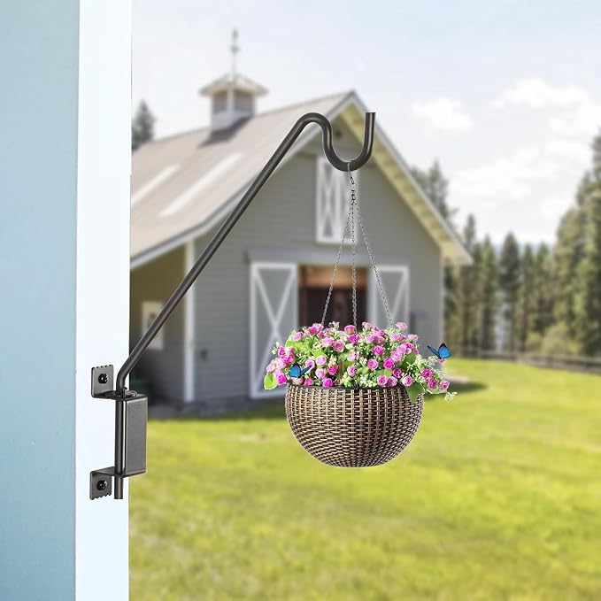 16" 360° Swivel Deck Hook - Heavy Duty Solid Steel Plant Hanger, 12-Directional Adjustable Wall Bracket for Bird Feeders/Pole, Outdoor Plants & Wind Chimes, Lanterns,Upgrade Black (4-Pack)