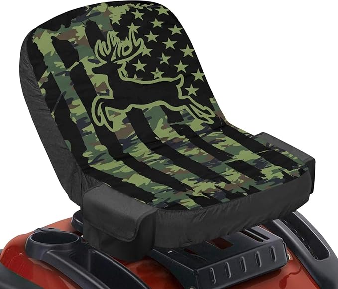 American Flag Tractor Seat Cover with Drink Pouch Deer Lawn Mower Seat Cover Protector with Elastic Edge Non Slip Tractor Accessories Gift for Friends