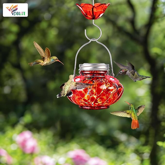BOLITE Hummingbird Feeders for Outdoors, Hand Blown Top Fill Hummingbird Feeder, Glass Mason Jar with 4 Flower Feed Ports, Easy to Clean, Leak Proof, Bee Proof, Ant Moat, Red, Gift for Bird Lovers