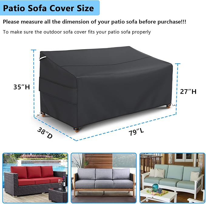 Gasadar Waterproof Outdoor Sofa Cover, 3-Seater Outdoor Loveseat Cover, 79" L×37" D×35" H, Black