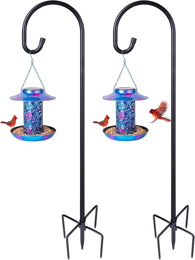 Ottsuls 2 Pack 60 inch Adjustable Shepherd Hooks and 2 Pack Solar Bird Feeder for Outdoors Hanging (Blue)