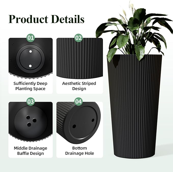 23.6" H Tall Planters for Outdoor Plants, 2 Pack Large Outdoor Planters for Front Porch Decor with Drainage Hole, Plastic Striped Flower Pots Fits Indoor Plants Patio Garden, Black