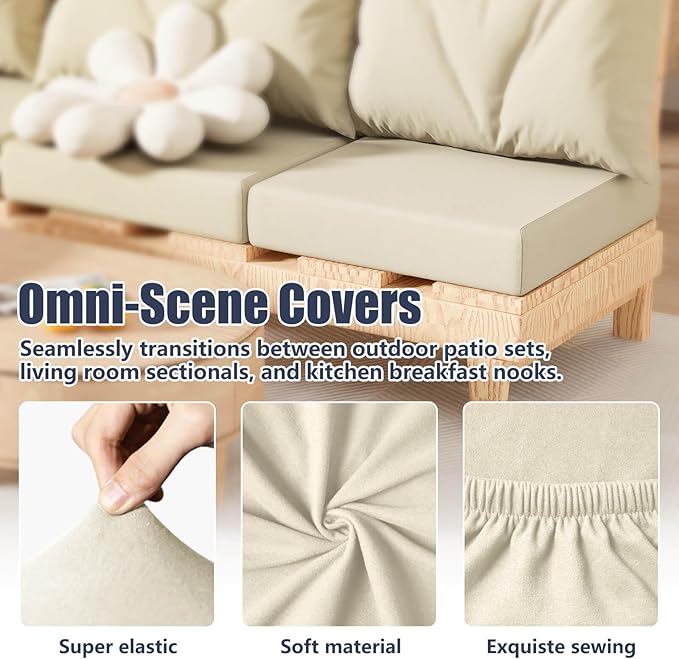 4Pcs Patio Stretch Cushion Covers, Outdoor Couch & Sofa Replacement Slipcovers for Patio Furniture Cushion Covers, Washable Reusable Furniture Protector, Square Large, Beige