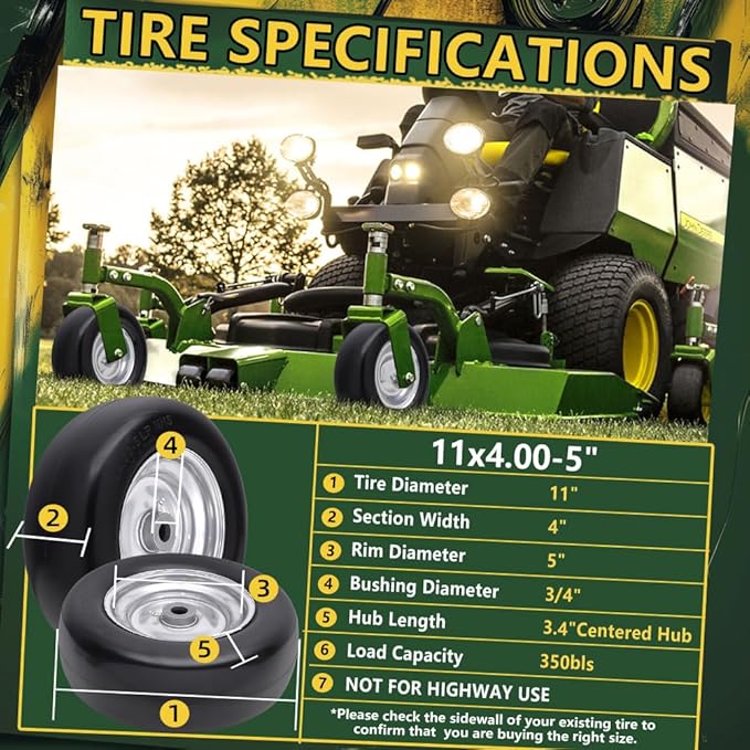 11x4.00-5 Flat Free Tire and Wheel (2 Pack),11x4-5 Solid Smooth Tractor Turf Tire with Rim, 3.4" Centered Hub and 3/4" & 5/8" Bushing, For Zero Turn Mowers and Riding Lawn Mower(Gray)