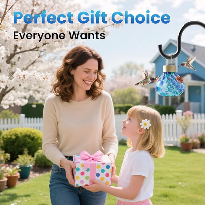 Hummingbird Feeder with Solar Light, Outdoor Glass Hummingbird Feeder, Auto-Lighting Solar Lamp for Garden Decor, 3 Feeding Ports Attract More Birds, Waterproof Design, Ideal Gift (Blue)