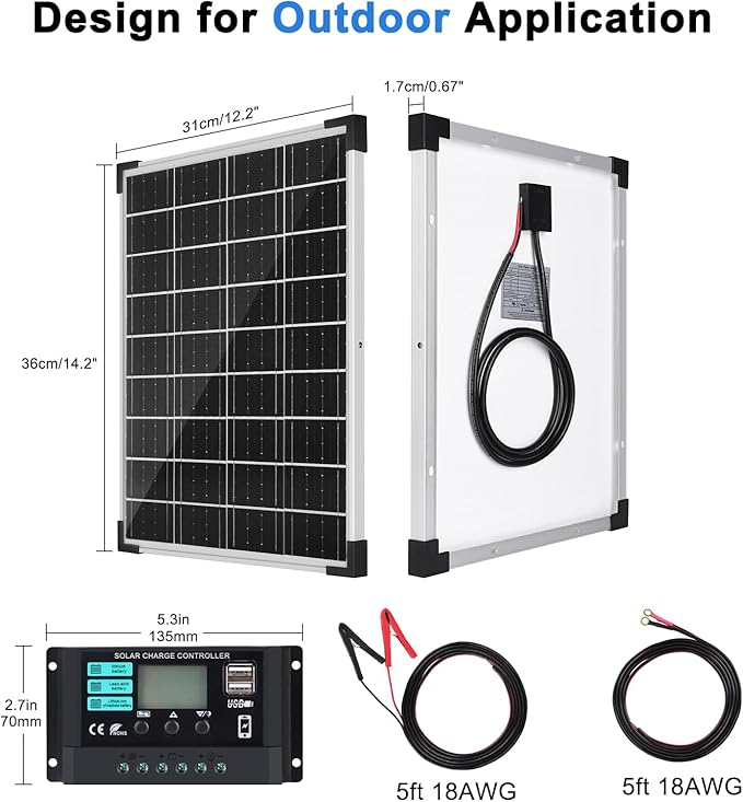 TBER Solar Panel Kit 20W 12V, Solar Battery Charger with 10A Charge Controller and Extension Cables with Battery Clips O-Ring Terminal for Car Motorcycle RV Marine Boat Camper Other Off Grid System