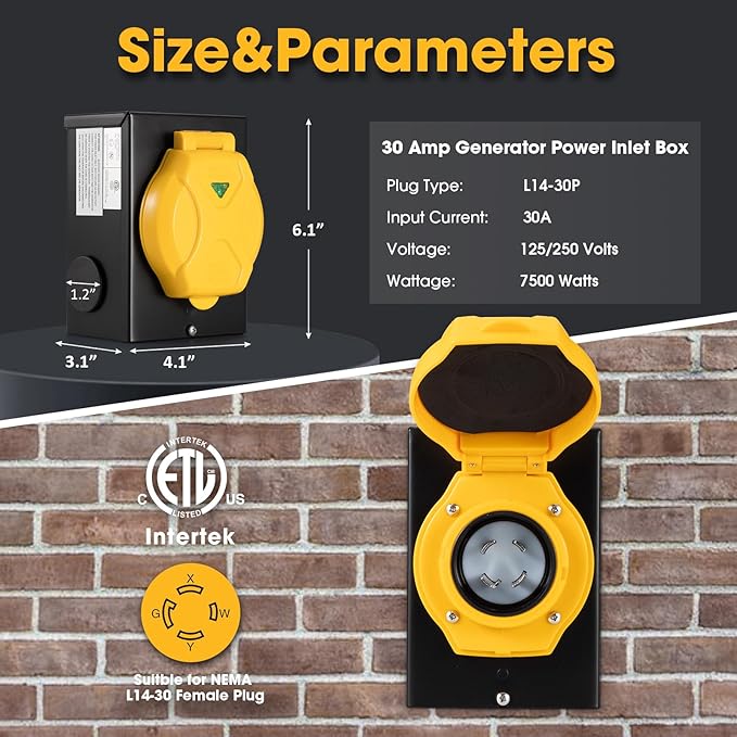 30 Amp Generator Inlet Box, NEMA L14-30P Power Inlet Box 4 Prong, 125/250V, 7500W, Weatherproof Outdoor Generator Power Inlet Box with LED Power Indicator, ETL Listed