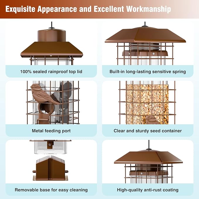 Squirrel-Proof Metal Bird Feeder with Removable Base, Weight-Activated Cage, Easy to Clean, Sturdy & Rust-Resistant, 3 lb Capacity, Outdoor Hanging Tube Bird Feeder for Cardinals & Finches