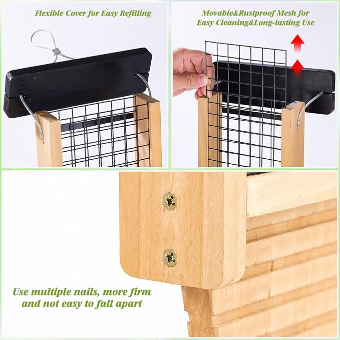 Gbekery Wooden Suet Bird Feeder for Outside Hanging, Large Woodpecker Suet Feeder with Tail Prop, Double Suet Cakes Hanging Bird Feeder for Wild Birds, 1 Pack, Black