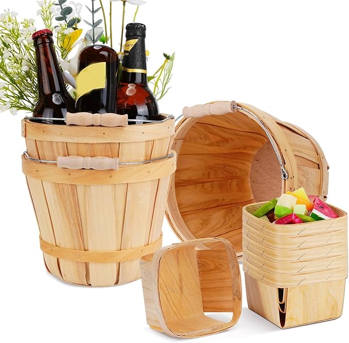 Leinuosen 9 Pcs Wooden Gift Basket Set, 3 Pcs 8 x 6. 3'' Bushel Bucket Portable Fruit Bucket and 6 Harvest Basket for Display Fruit Vegetable Garden Storage Container Farm Picnic Party Supplies