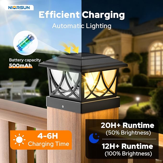 NIORSUN Solar Post Lights Outdoor, Fence Post Solar Lights with 3 Color Temps &2 Brightnesses, Edison LED Bulbs Fence Deck Decor, 4x4 Posts Caps, 4x4 &5x5 Vinyl, 4x4 &6x6 Wooden (4 Pack,Black)