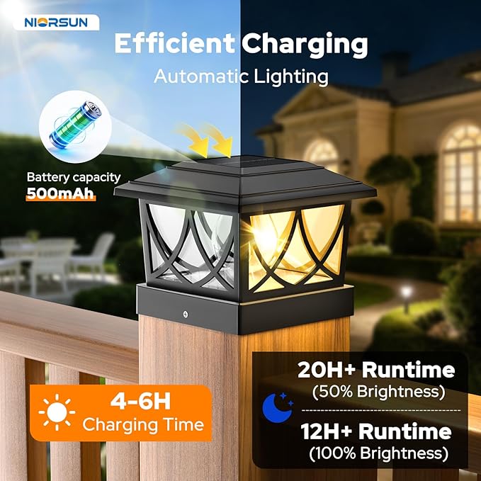NIORSUN Solar Post Lights Outdoor, Fence Post Solar Lights with 3 Color Temps &2 Brightnesses, Edison LED Bulbs Fence Deck Decor, 4x4 Posts Caps, 4x4 &5x5 Vinyl, 4x4 &6x6 Wooden (6 Pack,Black)