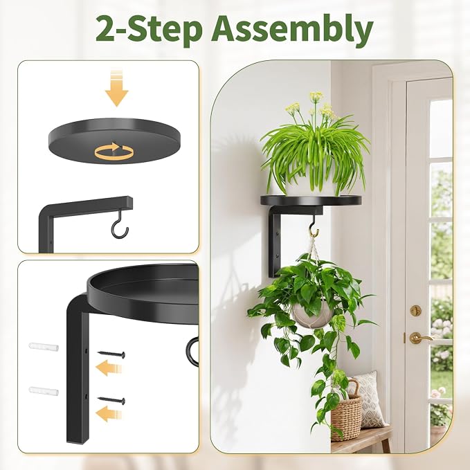 LASZOLA Plant Hangers Shelves Wall Mounted Indoor, Metal Window Plant Holders, 3Pcs Modern Floating Flower Display Stand with 3 Hooks for Outdoor Kitchen Bathroom Decor, Black