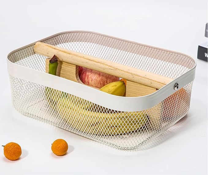 AJIODA Metal Mesh Steel Storage Basket, Garden Harvest Wire Organizer Basket Multi-functional Kitchen Fruit Basket with Wooden Removable Partition & Handle for Bath Picnic Decor Cabinet, Cream White