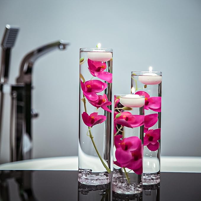 Floating Flower for Table Centerpiece Artificial Light Purple Orchid Glass Cylinder Vase Set with Floating Candles Fake Ice Cubes for Wedding Party Home Bar Restaurant Festival Decoration