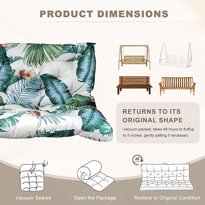 Porch Swing Cushion with Backrest,Waterproof Bench Cushion for Outdoor Furniture,2-3 Seater Replacement Thickened swing cushion with Ties,Patio,Outdoor,Backyard and Garden (Hawaiian Flower,60x40")