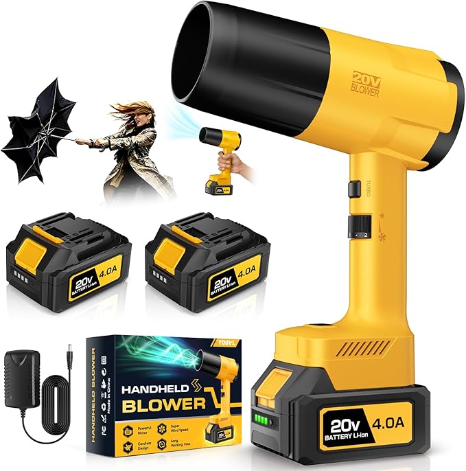 Leaf Blower Cordless, Handheld Leaf Blower with 2 X 4.0Ah Battery and Charger, Snow Blower with 6 Speed Modes, Lightweight Blowers for Lawn Care, Patio, Yard, Blowing Snow, Leaves, Dust-Yellow