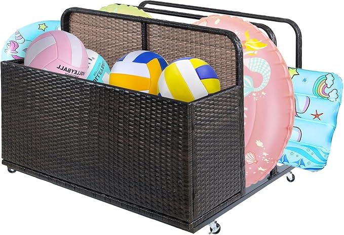 Garvee Double Layer Poolside Float Storage Organizer, Outdoor Wicker Pool Storage Bin for Floats & Toys, Rolling Poolside Storage Rack for Pool Toy Noodles Equipment Accessroies