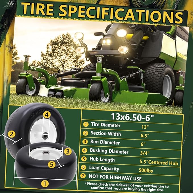 16x6.50-8 Tire and Wheel Assembly (2 Pack),Flat Free Lawn Mower Tires with Rim, Solid Rubber Riding Lawn Mower Tires and Wheels,3" Offset Hub,3/4" Bushings,16x6.5-8 Tractor Turf Tire(Gray)