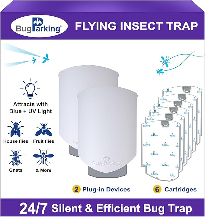 Flying Insect Trap, Plug-in UV Light for Gnats, Fruit Flies and Houseflies, Silent Sticky Catcher for Indoor Use, 2 Devices & 6 Refills