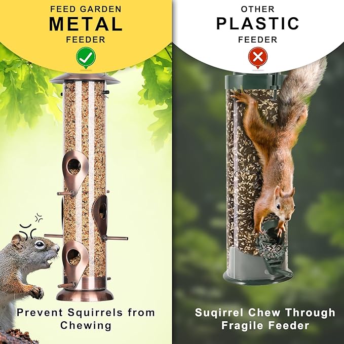 FEED GARDEN Metal Bird Feeder - 6 Port Tube Feeder for Outdoors, Heavy Duty Squirrel Proof with Metal Lid, Easy Fill & Clean, Weather Resistant Copper Finish, 13 Inch