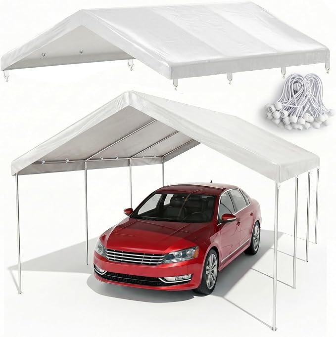 10x20 FT Carport Canopy Replacement Cover, Heavy Duty Car Garage Top Tent Shelter Tarp, Waterproof & UV Protected, Easy Installation with Ball Bungees, White (Frame Not Included)