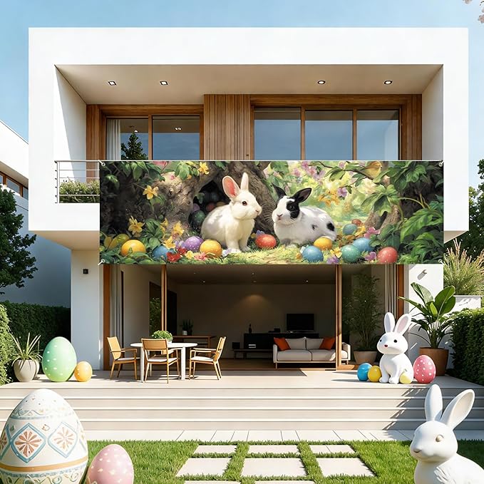 Happy Easter Bunny Fence Banner 118 x 35 Inch, Large Waterproof Outdoor Easter Banner with Cute Rabbits & Colorful Eggs for Yard Porch Fence Spring Party Decorations