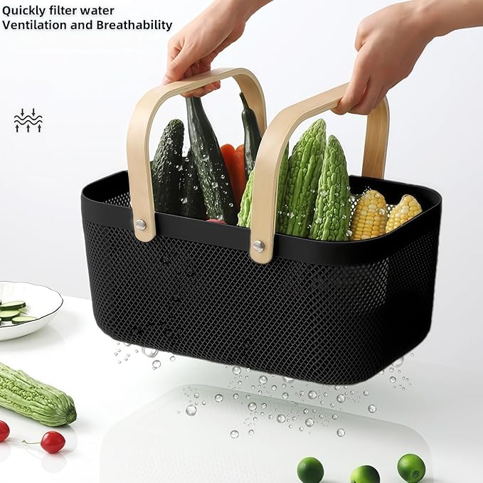 3pcs Collapsible Wooden Handle Plastic Harvest Basket - Rectangular Garden Storage Basket for Picking and Collecting Vegetables, Fruits - Ideal for Garden Cabinets & Outdoor Use (Black)