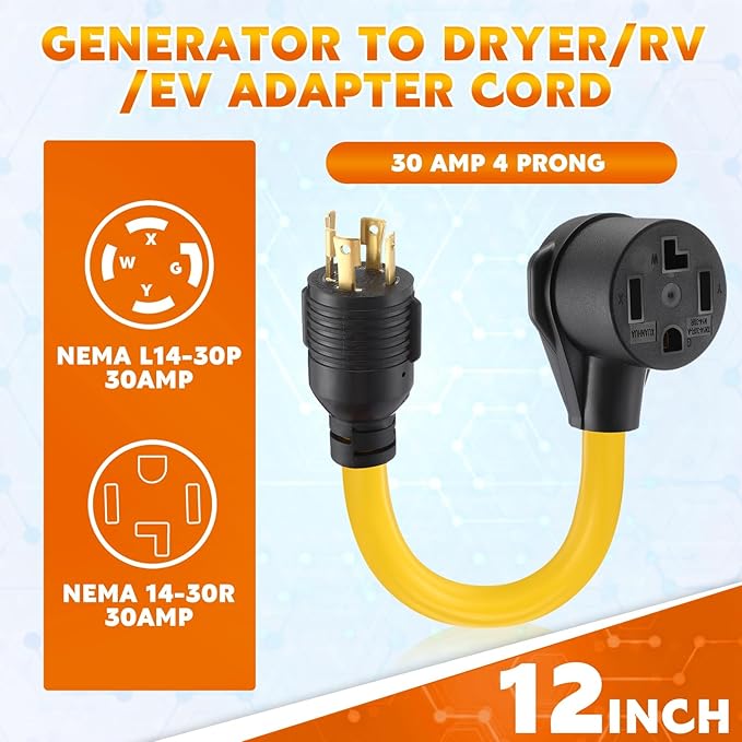 Tellegloww NEMA L14-30P to 14-30R 30 Amp Dryer Generator Adapter Cord 4 Prong L14-30P Locking Generator Male to 14-30R Rv Dryer Female for RV EV Charger, 10 AWG STW, 1FT, ETL Listed