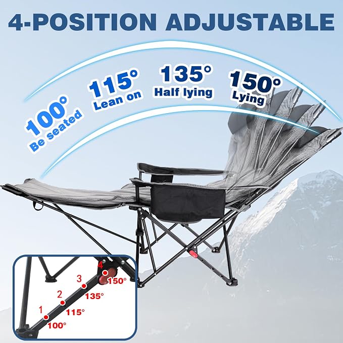 Reclining Camping Chair 4 Position with Foot Rest Comfortable for Adults 265Ibs Folding Lounger Mesh Beach Chair with Cooler Bag,Cotton Cushion and Cup Holder for Outdoor Patio