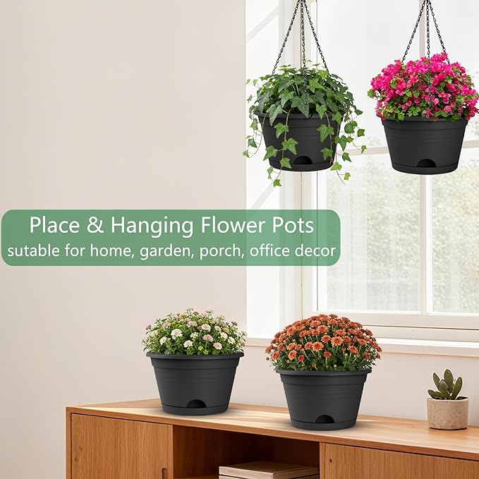 Nooulap 6 Pack Hanging Planters, 10 Inch Plant Pot with Hanger Chain & Drainage Trays, Hanging Baskets for Plants Outdoor Indoor, Hanging Flowers, Vegetables, Herbs (Black-6 Pack, 10 inch)